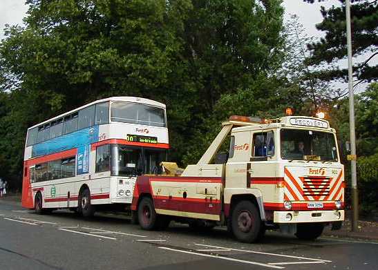 First Leicester Dennis Dominator on tow